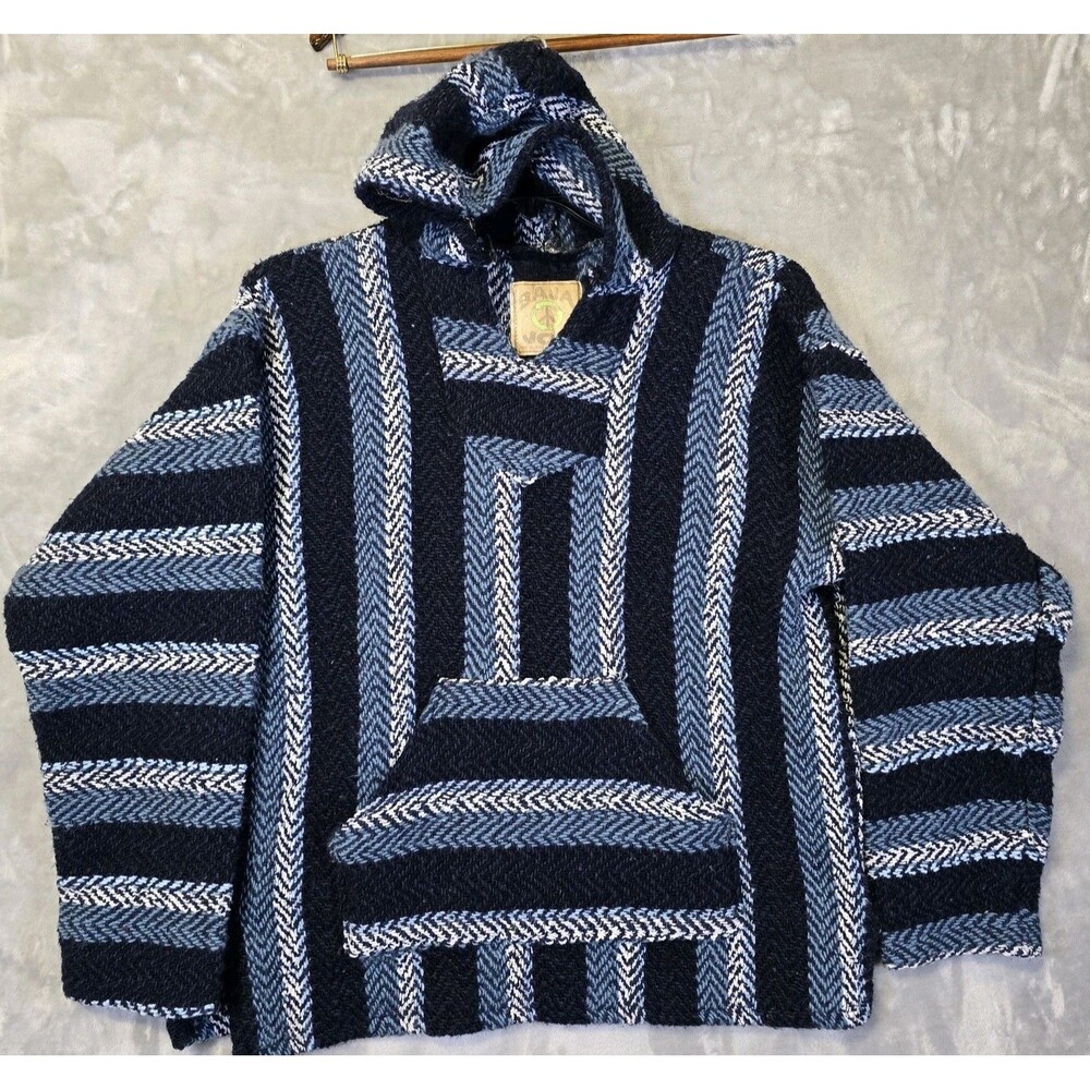 Baja Joe Mexican Drug Rug Pullover Hoodie Poncho L Blue Stripe Pouch Hippie Boho